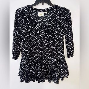 Anthropologie Maeve Button Blouse Black White Print babydoll Peplum Top XS